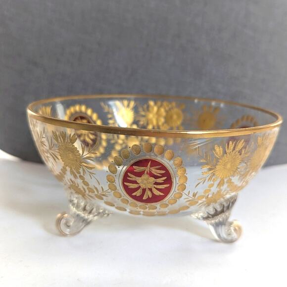 Vintage Etched Gold Red Painted Crystal Glass Footed Candy Finger Bowl